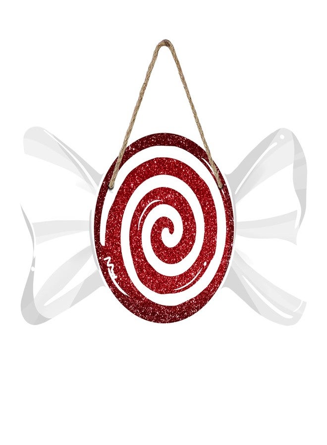 Bolisom Christmas Red Peppermint Candy Front Door Sign, Xmas Glitter White Wrapper Wood Hanger Outdoor Outside Porch Home Decor, Winter Holiday Wooden Wreath Indoor Wall Hanging Decoration - Image 1