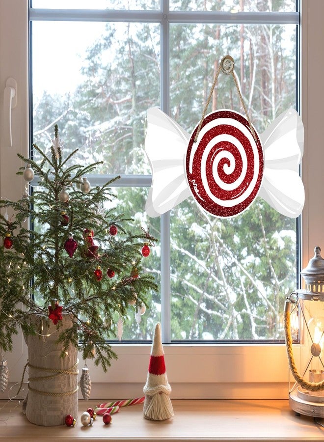 Bolisom Christmas Red Peppermint Candy Front Door Sign, Xmas Glitter White Wrapper Wood Hanger Outdoor Outside Porch Home Decor, Winter Holiday Wooden Wreath Indoor Wall Hanging Decoration - Image 5