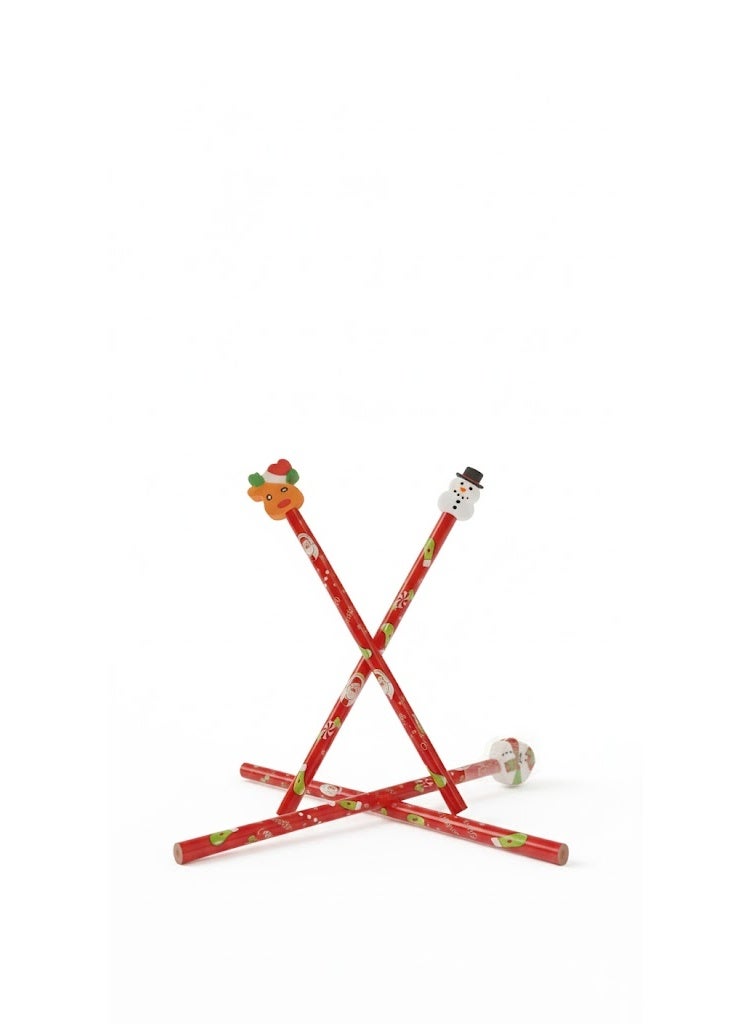 Christmas Pencil with Eraser – Red – Assorted Designs – 4 Pieces – Bundle - Image 1