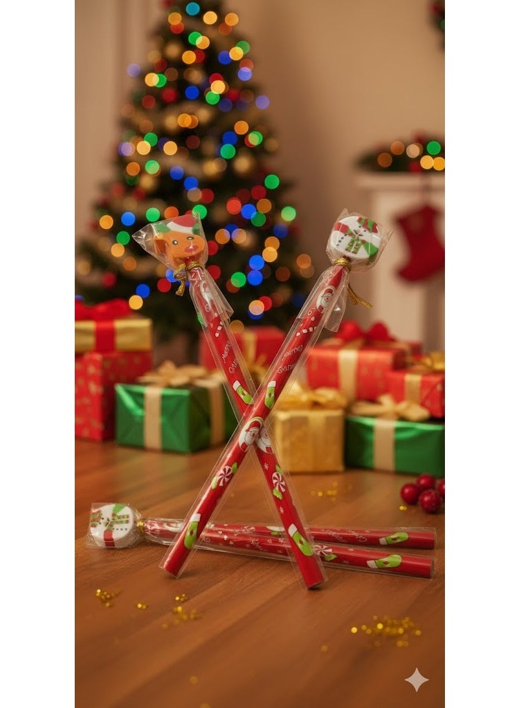 Christmas Pencil with Eraser – Red – Assorted Designs – 4 Pieces – Bundle - Image 3