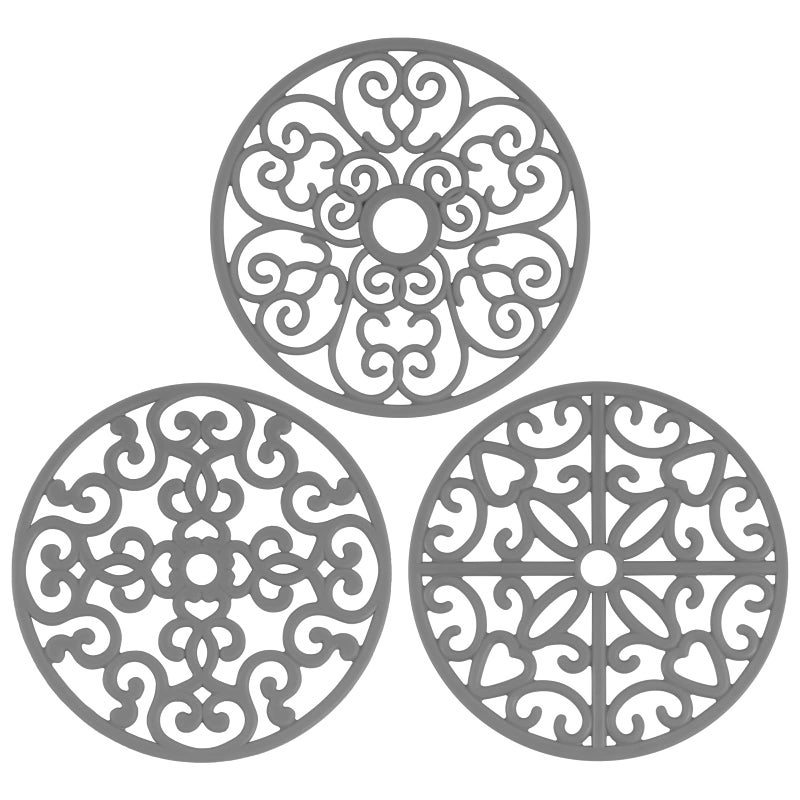 CHEFBEE 3PCS Silicone Trivet Mat  Flexible NonSlip Heat Resistant Modern Kitchen Teapot Trivets Set for Hot Dishes Table Countertop Gray