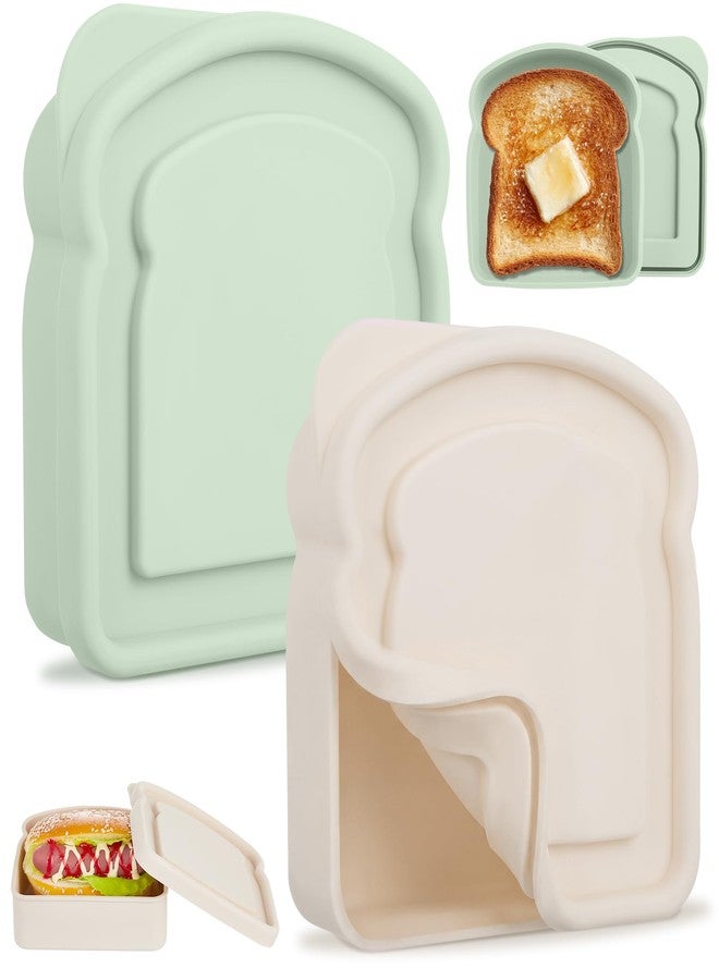 Willinglong 2 Pcs Silicone Sandwich Containers Lunch Box Sandwich Box Reusable Toast Containers Snacks and More, Microwave and Dishwasher Safe (Green and Beige) - Image 1