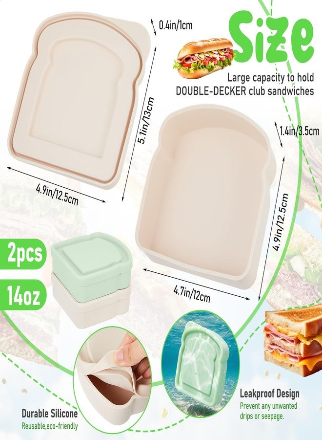 Willinglong 2 Pcs Silicone Sandwich Containers Lunch Box Sandwich Box Reusable Toast Containers Snacks and More, Microwave and Dishwasher Safe (Green and Beige) - Image 2
