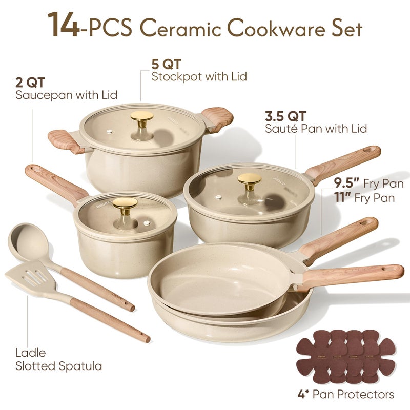 CAROTE 14Pcs Pots and Pans Set Non stick, Ceramic Cookware Set, Non-toxic Kitchen Cooking Set, PFAS and PFOA Free - Image 2