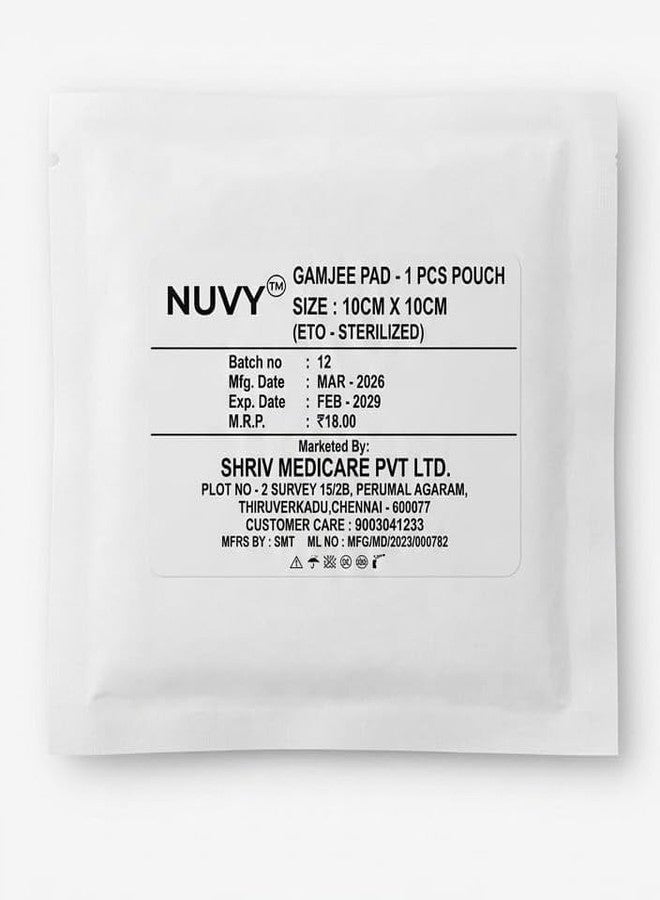 NUVY Sterile Gamjee Pad – 10 cm x 10 cm High Absorbency Wound Dressing – ETO Sterilized 1 PCS Pouch – Thick Cotton Wool Core for Post-Surgical & First Aid Care (Pack of 10) - Image 1