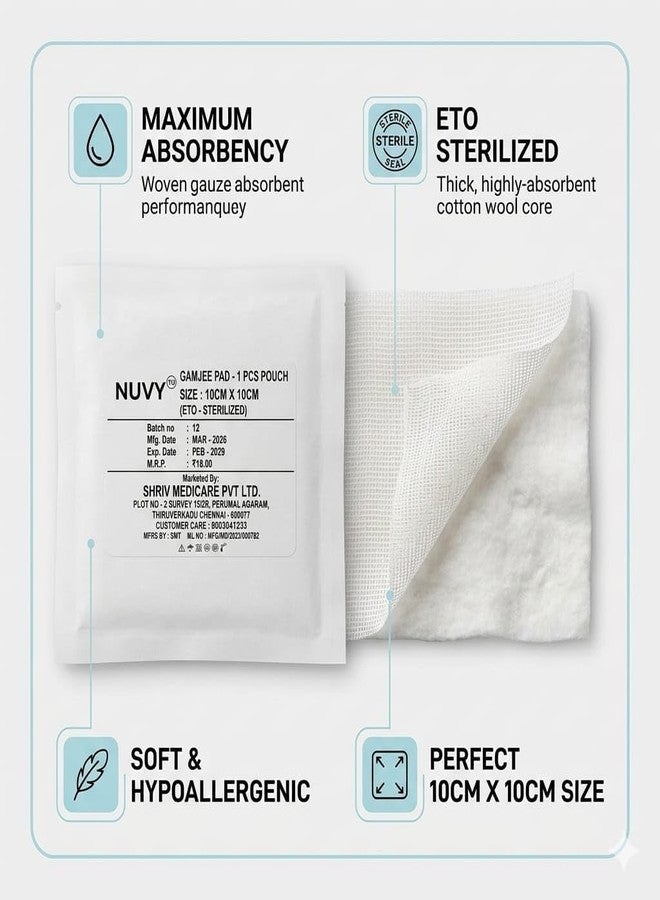 NUVY Sterile Gamjee Pad – 10 cm x 10 cm High Absorbency Wound Dressing – ETO Sterilized 1 PCS Pouch – Thick Cotton Wool Core for Post-Surgical & First Aid Care (Pack of 10) - Image 2