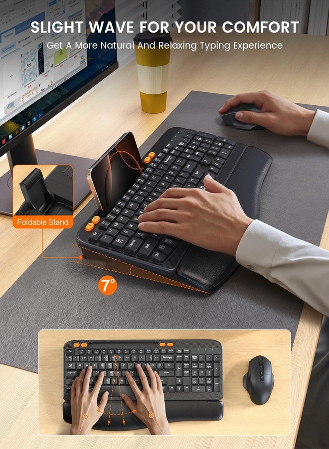 SABLUTE Wireless Keyboard and Mouse Combo, Ergonomic Wave Keys, Cushioned Plam Rest, Rechargeable, Phone Holder, Natural Typing, 2.4G Lag-Free, Full Size Keyboards Cordless Set for Windows/Mac -SABLUTE - Image 2