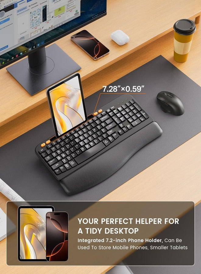 SABLUTE Wireless Keyboard and Mouse Combo, Ergonomic Wave Keys, Cushioned Plam Rest, Rechargeable, Phone Holder, Natural Typing, 2.4G Lag-Free, Full Size Keyboards Cordless Set for Windows/Mac -SABLUTE - Image 5