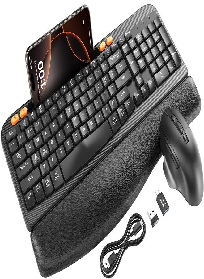 SABLUTE Wireless Keyboard and Mouse Combo, Ergonomic Wave Keys, Cushioned Plam Rest, Rechargeable, Phone Holder, Natural Typing, 2.4G Lag-Free, Full Size Keyboards Cordless Set for Windows/Mac -SABLUTE - Image 1