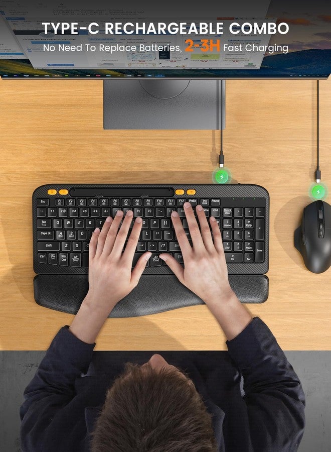 SABLUTE Wireless Keyboard and Mouse Combo, Ergonomic Wave Keys, Cushioned Plam Rest, Rechargeable, Phone Holder, Natural Typing, 2.4G Lag-Free, Full Size Keyboards Cordless Set for Windows/Mac -SABLUTE - Image 4