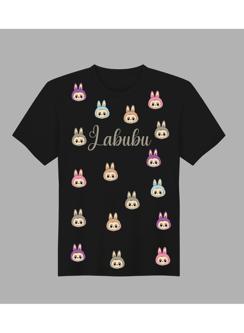 لابوبو تي شيرت LABUBU برسومات وجه إيموجي - بأكمام قصيرة، مناسب للجنسين، مناسب للارتداء الكاجوال، مصنوع من القطن الخالص، بتصميم لطيف وعصري، باللون الأسود