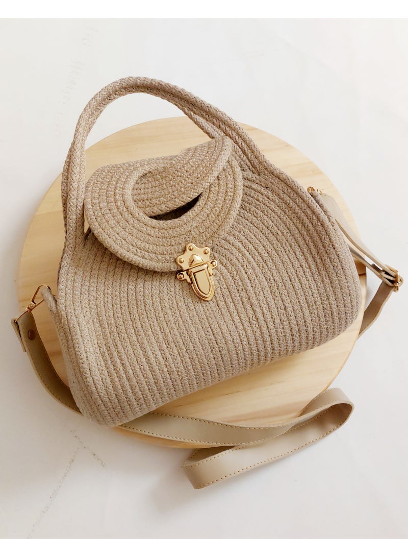 Beige cottoncord crossbody bag with faux leather handle and zipper pouch - Image 1