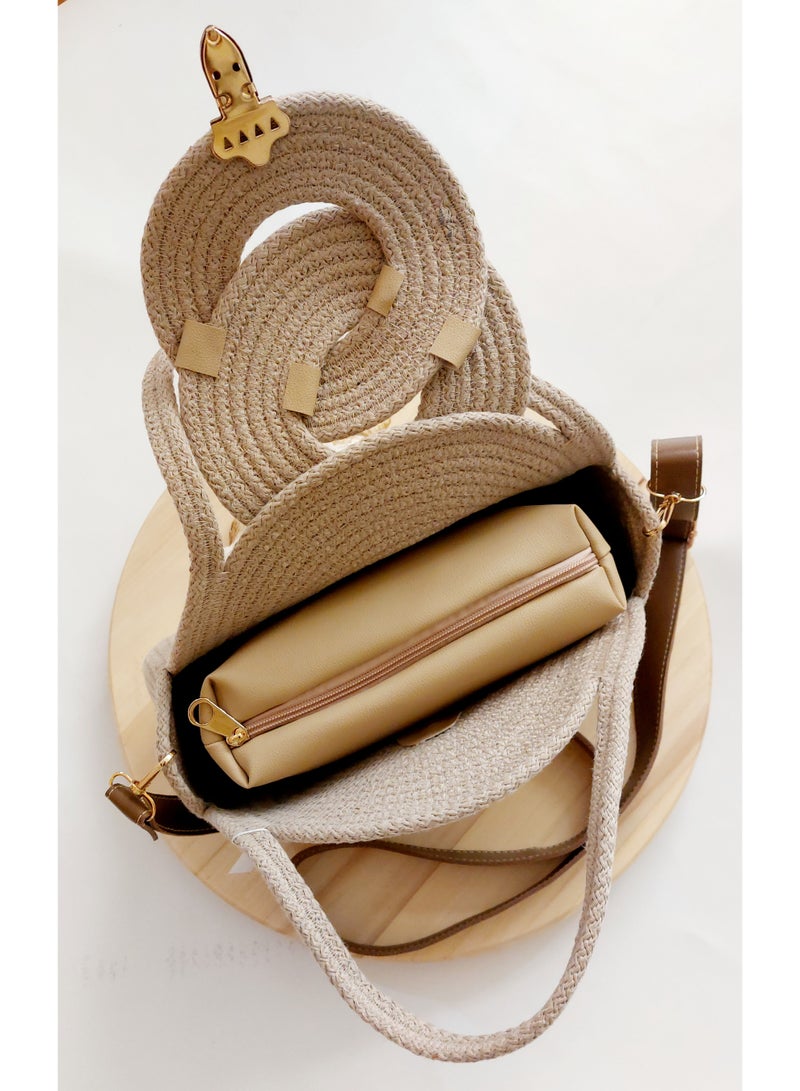 Beige cottoncord crossbody bag with faux leather handle and zipper pouch - Image 2