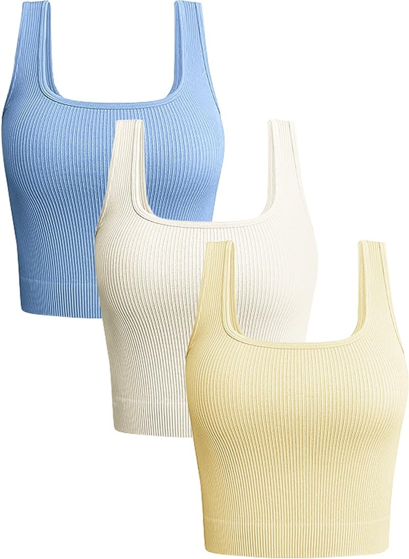 OLCHEE Womens 3 Pack Crop Tank Tops Basic Seamless Ribbed Sleeveless Square Neck Workout Top Summer Exercise Yoga Gym Shirts - Blue Beige Yellow Small - Image 1