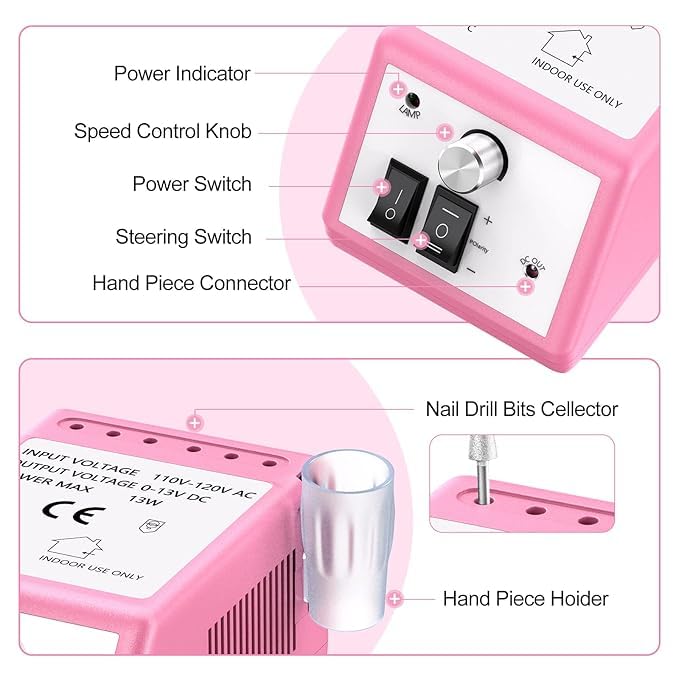Qtavia Professional Finger Toe Nail Care Electric Nail Drill Machine Manicure Pedicure Kit Electric Nail Art File Drill with 1 Pack of Sanding Bands Pink - Image 2