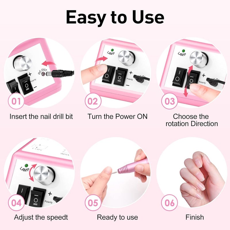 Qtavia Professional Finger Toe Nail Care Electric Nail Drill Machine Manicure Pedicure Kit Electric Nail Art File Drill with 1 Pack of Sanding Bands Pink - Image 3