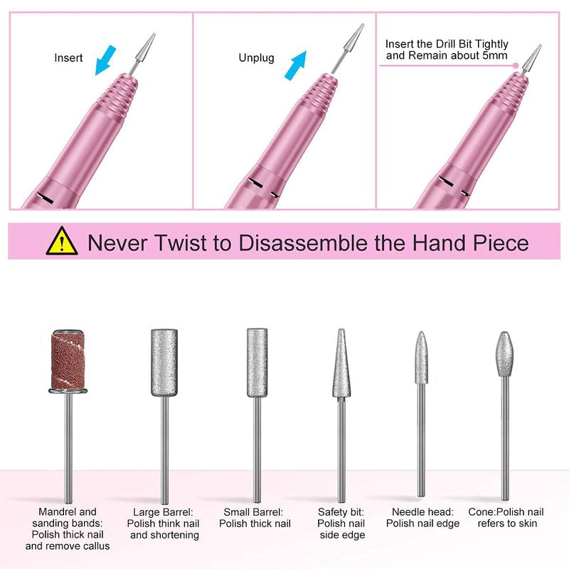 Qtavia Professional Finger Toe Nail Care Electric Nail Drill Machine Manicure Pedicure Kit Electric Nail Art File Drill with 1 Pack of Sanding Bands Pink - Image 4