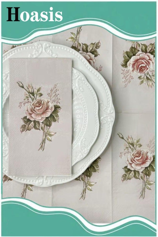 Hoasis 20pcs Retro Rose Flower Pattern Napkins For Wedding, Birthday, Tea Party Decoration, 15.7x13inch, Dining Table Accessory For Restaurant & Hotel - Image 1