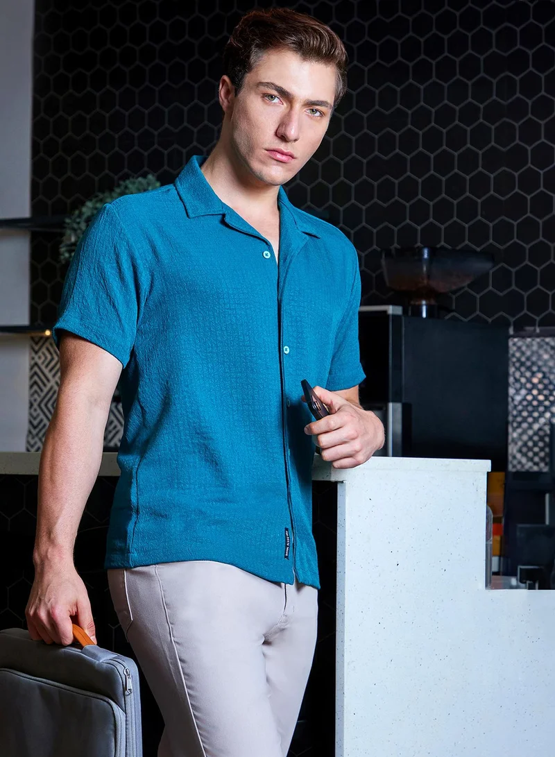 Campus Sutra Men's Teal Green Self-Design Creased Striped Shirt For Casual Wear | Spread Collar | Short Sleeve | Button Closure | Shirt Crafted With Comfort Fit For Casual Wear