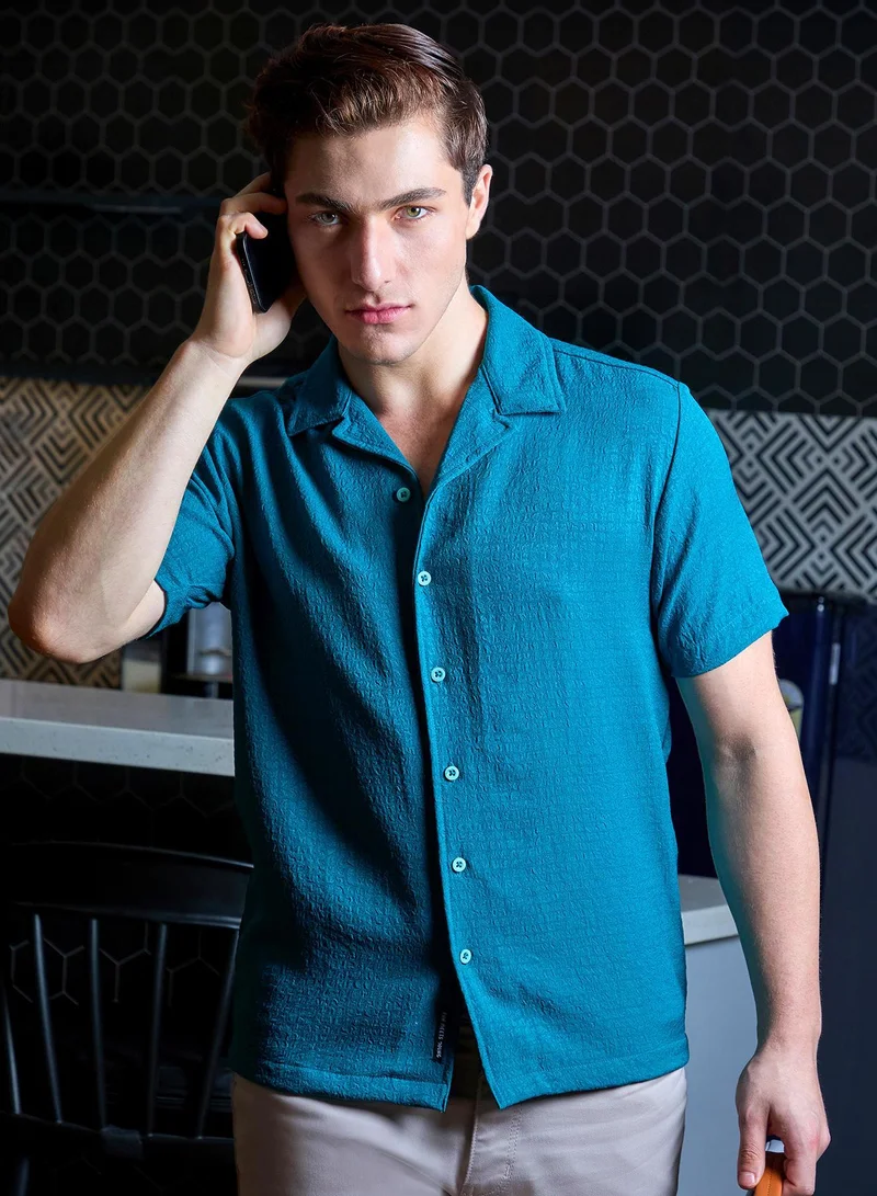 Campus Sutra Men's Teal Green Self-Design Creased Striped Shirt For Casual Wear | Spread Collar | Short Sleeve | Button Closure | Shirt Crafted With Comfort Fit For Casual Wear
