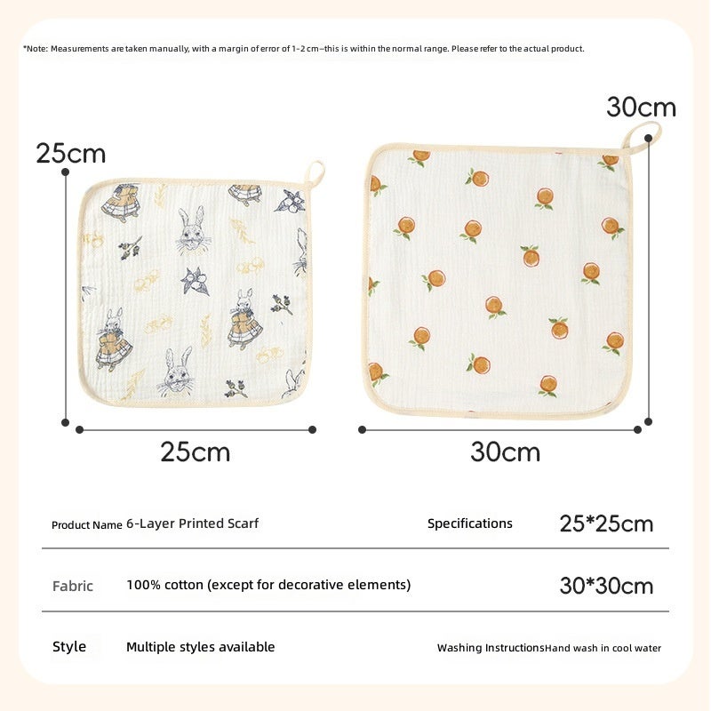 6-Layer Cotton Gauze Baby Towel with Printed Design - Absorbent Handkerchief for Face Washing, Small Square Towel with Hanging  Buckle - Image 2