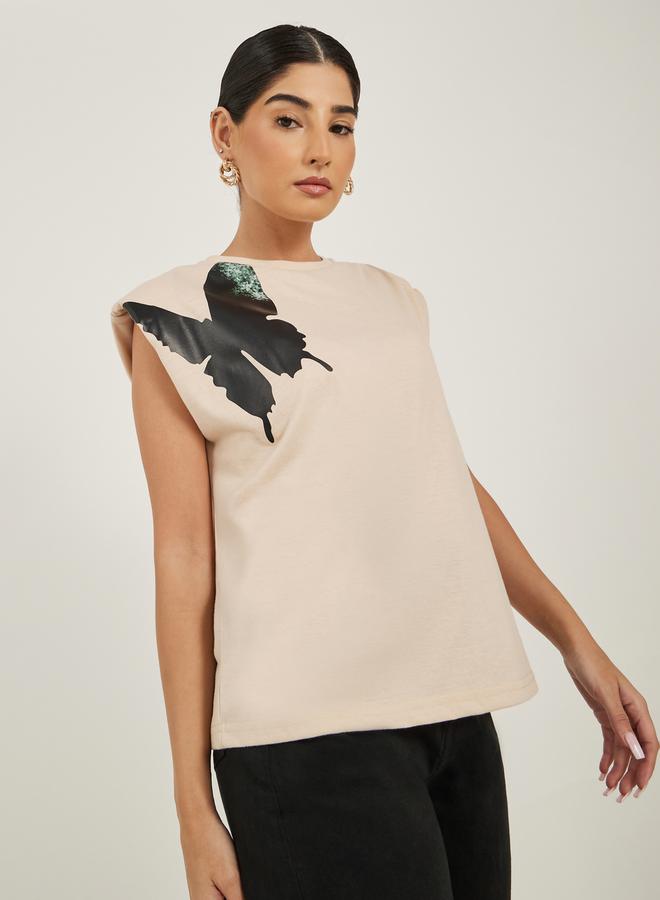 ستايلي تيشيرت بدون أكمام بطبعة جرافيك مبطن عند الكتف - Image 1