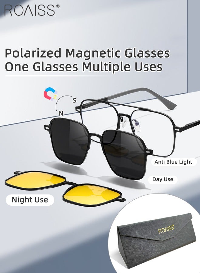رويس مجموعة نظارات شمسية 3 في 1 مستقطبة مغناطيسية قابلة للتثبيت، نظارات حجب الضوء الأزرق مع عدسة مستقطبة مغناطيسية وعدسة رؤية ليلية مغناطيسية، نظارات متعددة الاستخدامات للاستخدام ليلاً ونهارًا للرجال - Image 1