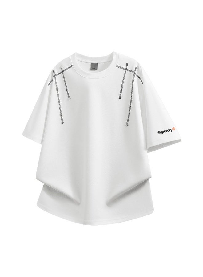 سوبر دراي Superdry American retro 300g heavy off-the-shoulder T-shirt for men and women with the same personality chain design loose top. - Image 3