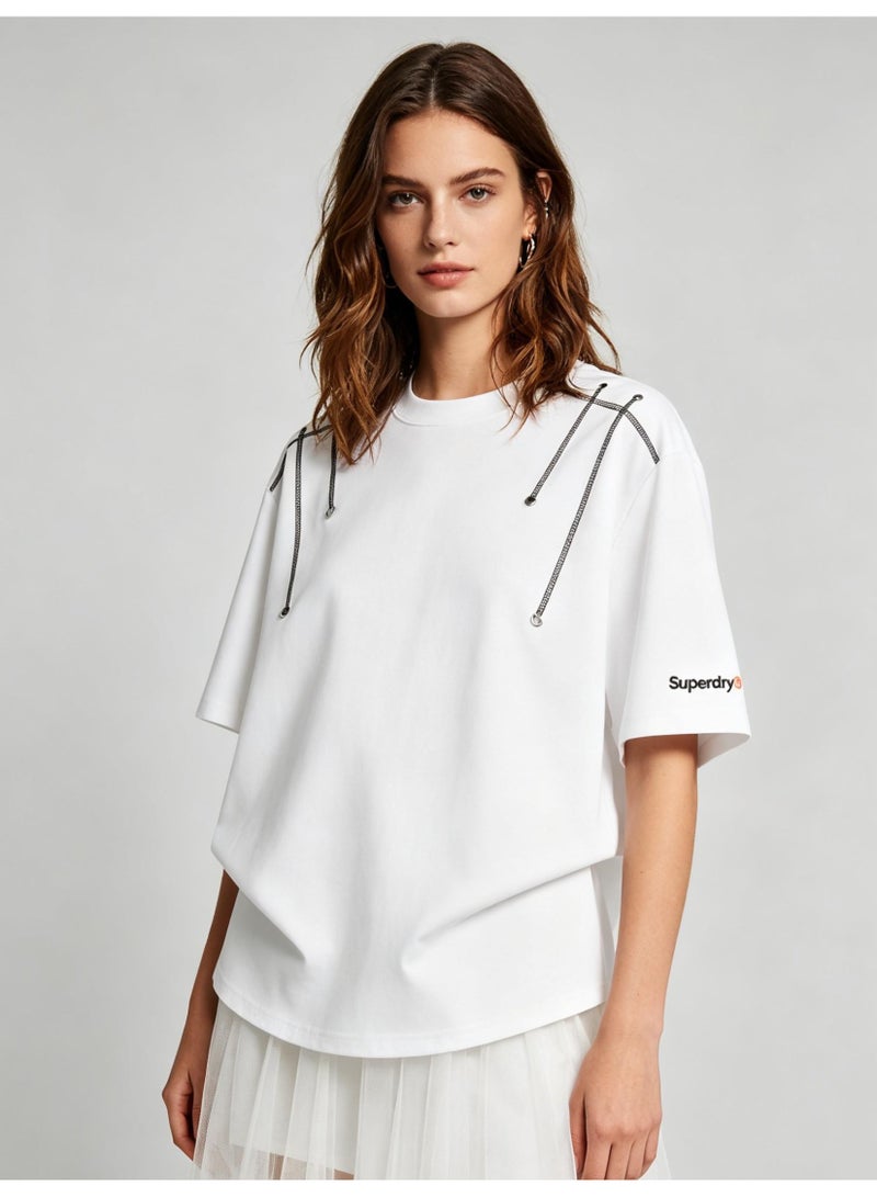 سوبر دراي Superdry American retro 300g heavy off-the-shoulder T-shirt for men and women with the same personality chain design loose top. - Image 5