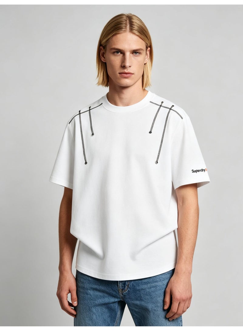سوبر دراي Superdry American retro 300g heavy off-the-shoulder T-shirt for men and women with the same personality chain design loose top. - Image 4