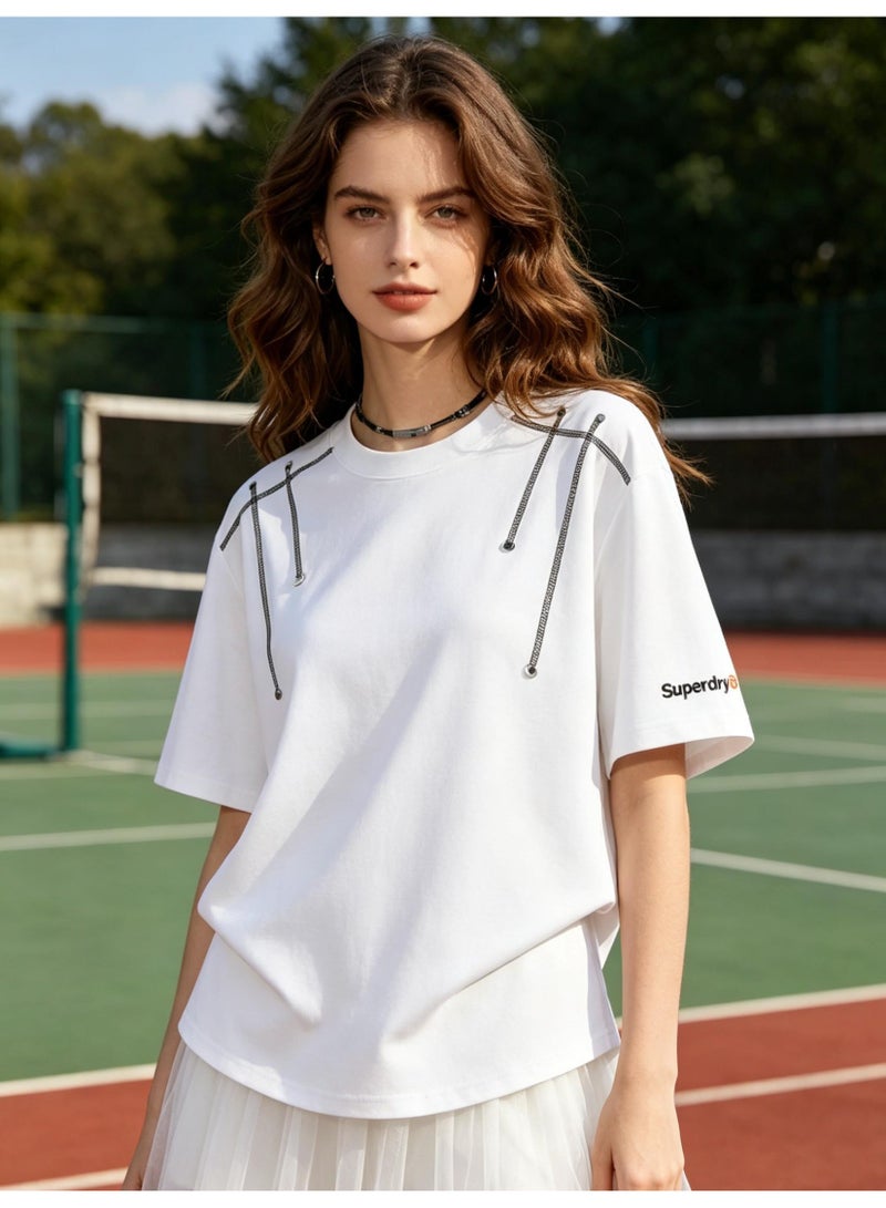 سوبر دراي Superdry American retro 300g heavy off-the-shoulder T-shirt for men and women with the same personality chain design loose top. - Image 2