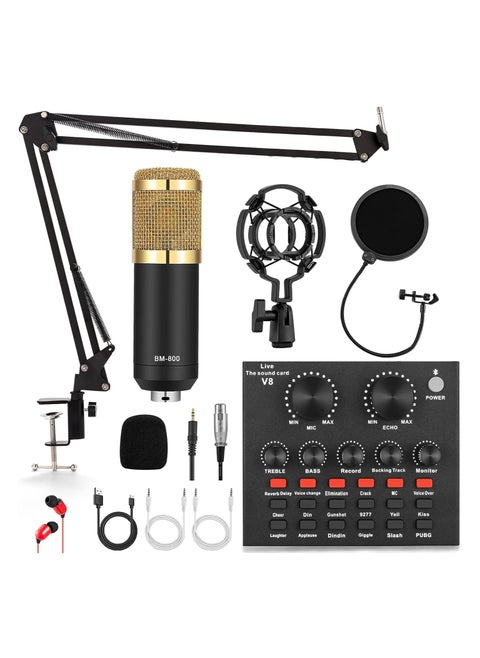 V8 Condenser Microphone Bundle With BM-800 Live Sound Card,Adjustable Mic Suspension Scissor Arm, Metal Shock Mount and Double-Layer Pop Filter for Studio Recording & Broadcasting (Gold)