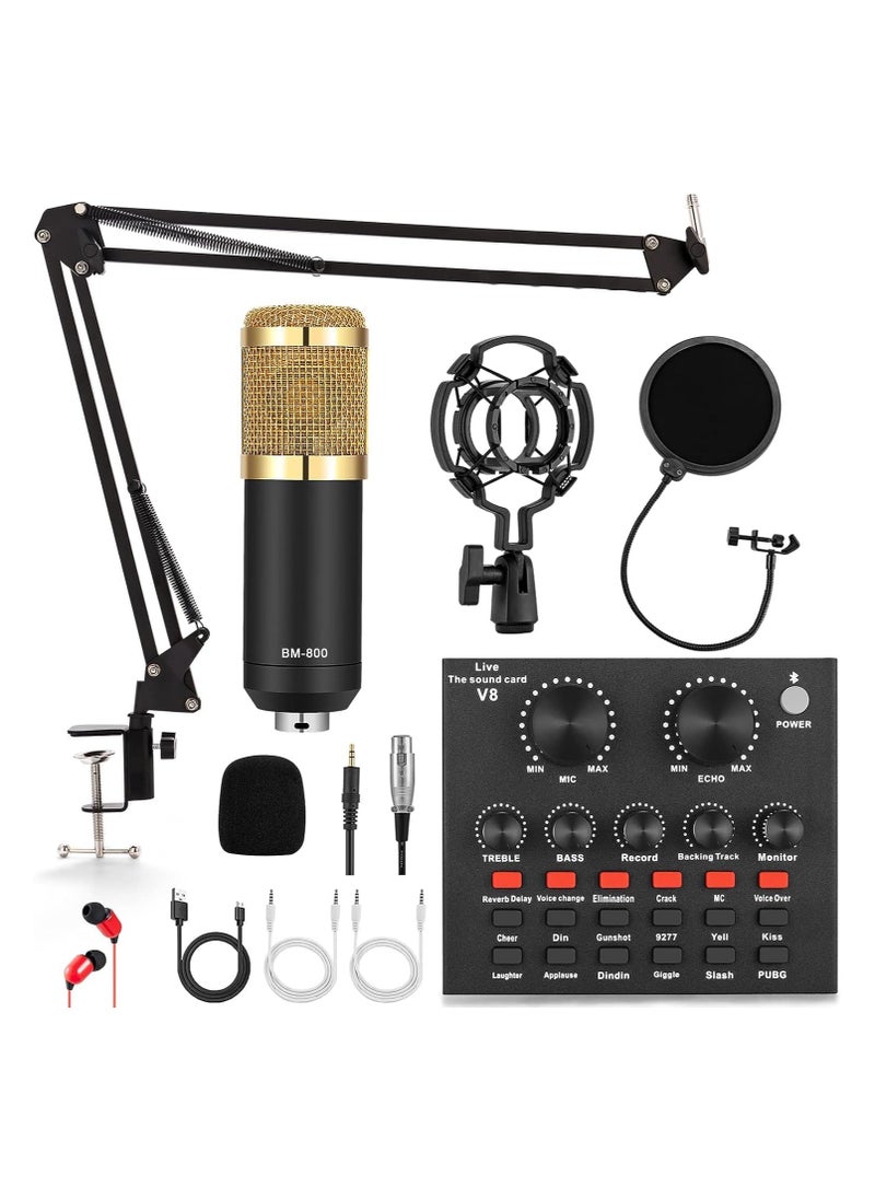 Generic V8 Condenser Microphone Bundle With BM-800 Live Sound Card,Adjustable Mic Suspension Scissor Arm, Metal Shock Mount and Double-Layer Pop Filter for Studio Recording & Broadcasting (Gold)  - Image 1