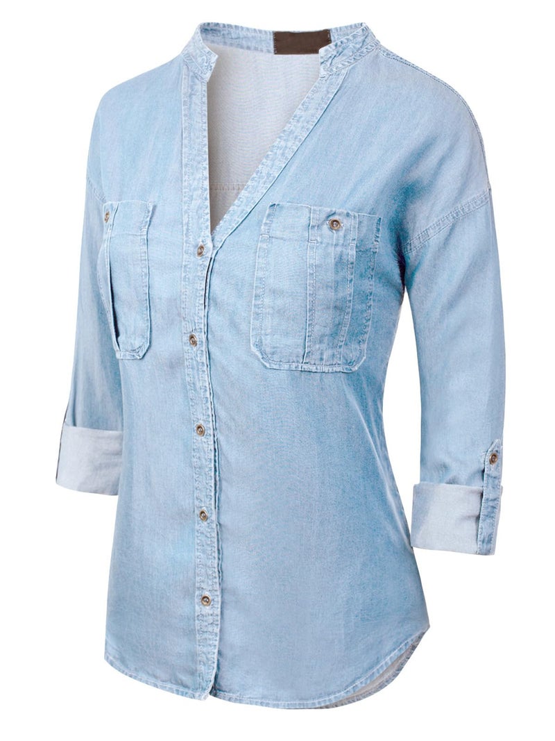 MixMatchy Women's Long Sleeve Solid Split Neck Tencel Button Down Shirt Blouse Light Denim M - Image 2
