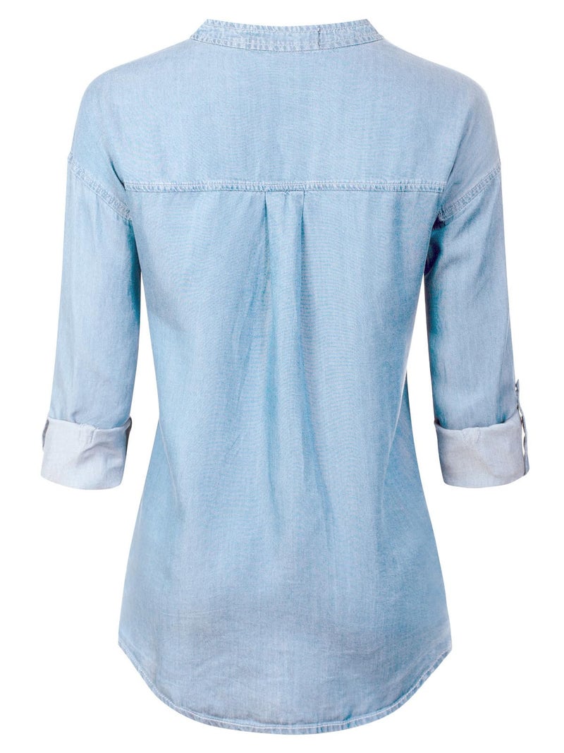 MixMatchy Women's Long Sleeve Solid Split Neck Tencel Button Down Shirt Blouse Light Denim M - Image 3