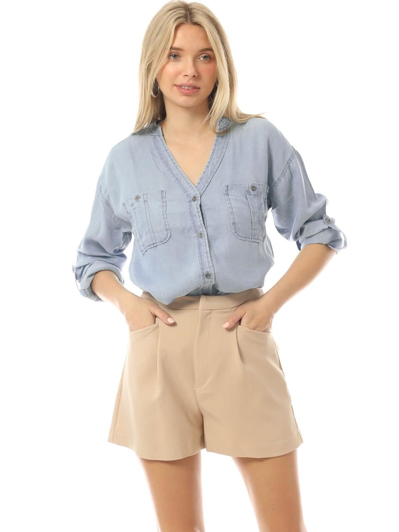 MixMatchy Women's Long Sleeve Solid Split Neck Tencel Button Down Shirt Blouse Light Denim M - Image 5