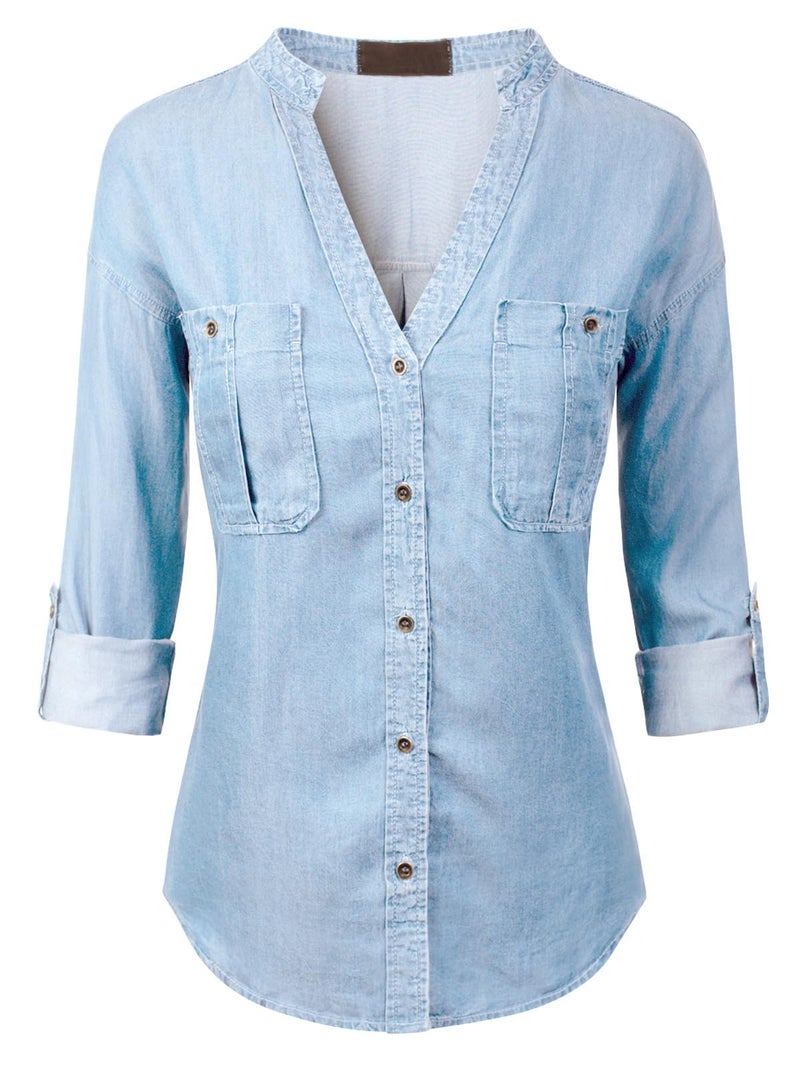 MixMatchy Women's Long Sleeve Solid Split Neck Tencel Button Down Shirt Blouse Light Denim M - Image 1