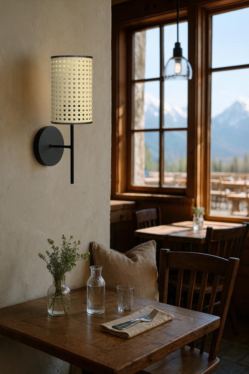 AKWAY Rattan and Webbing Wall Lamps for Living Room | Bamboo Wall Lights for Bedroom | Wicker Wall scones for Home Decoration (Hexagonal Webbing Straight) - Image 4
