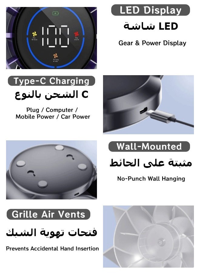 Generic Desk Fan, Table Fan Desktop Fan Wall-Mounted Fan Portable Cooling Fan Rechargeable USB Fan Air Circulator Fan, Long Lasting Power, with 100 Speeds, Digital Display, for Home Bedroom Office Kitchen Travel (Grey)  - Image 2
