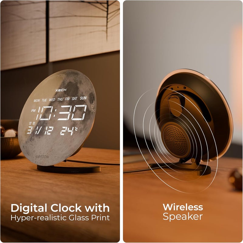 Xech Digital Alarm Clock with Wireless Speaker, Dual Loud Alarms, LED Display, Aesthetic Table Clock for Study & Bedroom, USB C Powered (Solaris-X Moon) - Image 2
