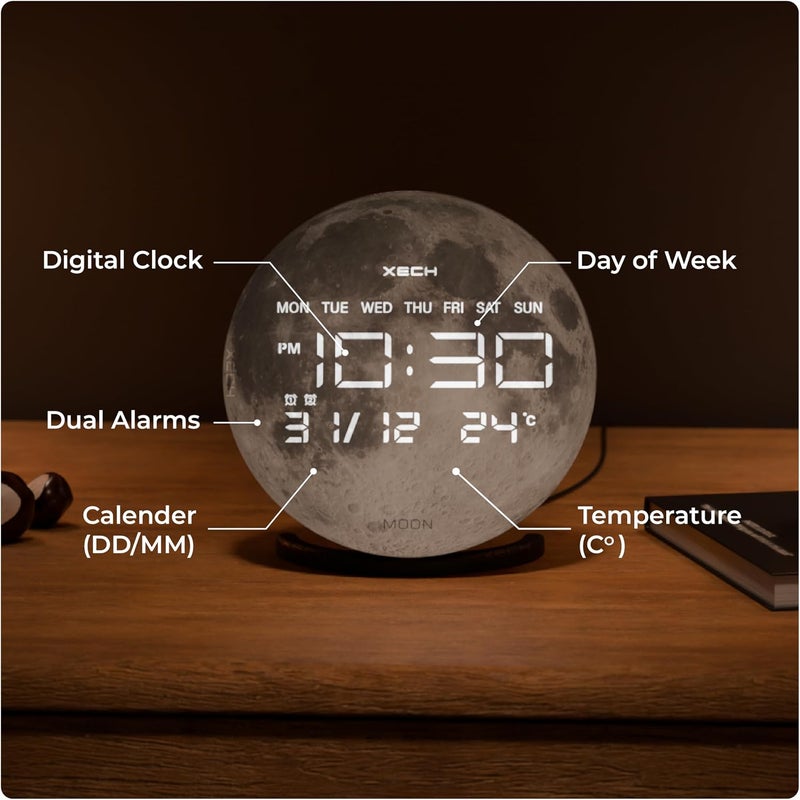 Xech Digital Alarm Clock with Wireless Speaker, Dual Loud Alarms, LED Display, Aesthetic Table Clock for Study & Bedroom, USB C Powered (Solaris-X Moon) - Image 4