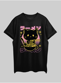 THREADCURRY تي شيرت THREADCURRY Ramen Cat كبير الحجم من القطن بكتف منسدلة مطبوع للرجال  - Image 1