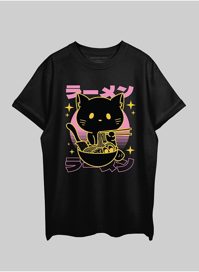 THREADCURRY THREADCURRY Ramen Cat Oversized Drop Shoulder Cotton Loose Printed T-Shirt for Men  - Image 1