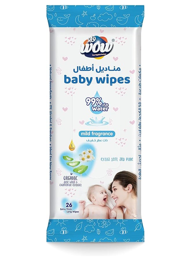 WOW Baby Wipes - Mild Fragrance 99% Water Wipes | Extra Thick Long Wipes with Organic Aloe Vera, Chamomile Extract and Vitamin E, Gentle on sensitive skin| 26's Single Pack