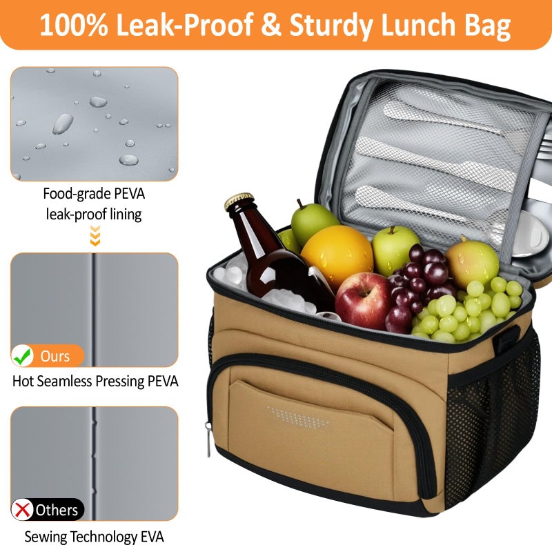 Vankor Insulated Lunch Bag for Men Women, Reusable Lunch Box Leakproof Cooler Lunch Tote Bag with Adjustable Shoulder Strap for Work Office Picnic Beach Travel, Khaki - Image 4
