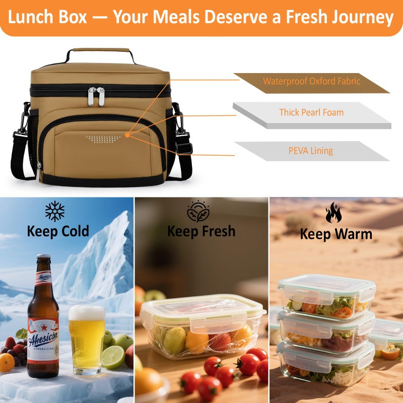 Vankor Insulated Lunch Bag for Men Women, Reusable Lunch Box Leakproof Cooler Lunch Tote Bag with Adjustable Shoulder Strap for Work Office Picnic Beach Travel, Khaki - Image 2