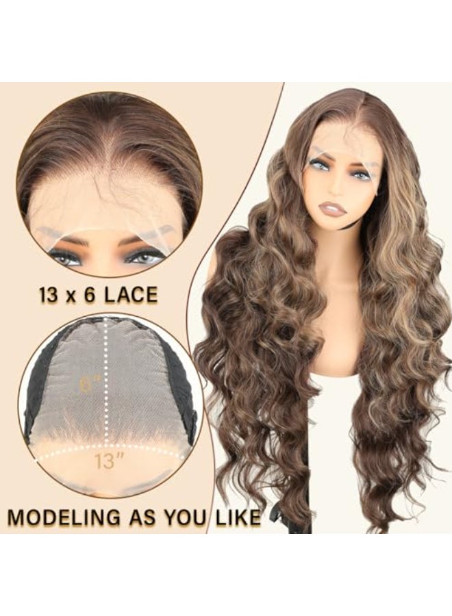 SOKU 13x6 Lace Frontal Wig Highlighted 32 Inch Body Wave Pre Plucked Babyhair Transparent HD Lace Heat Friendly Highlights Brown Bouncy Synthetic Hair - Image 3