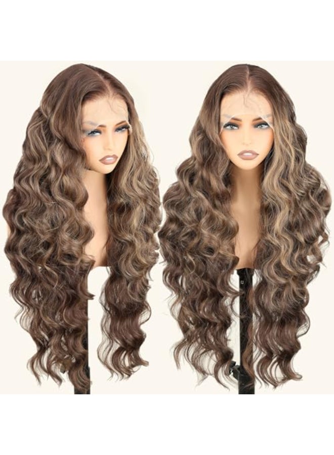 SOKU 13x6 Lace Frontal Wig Highlighted 32 Inch Body Wave Pre Plucked Babyhair Transparent HD Lace Heat Friendly Highlights Brown Bouncy Synthetic Hair - Image 1