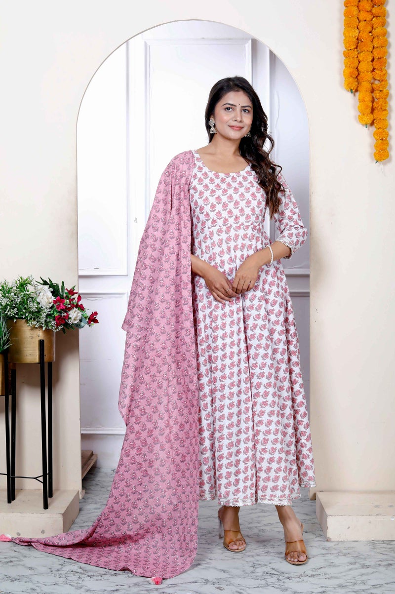 Miravan Womens Pure Cotton Floral Printed Pink Anarkali with Dupatta - Image 1