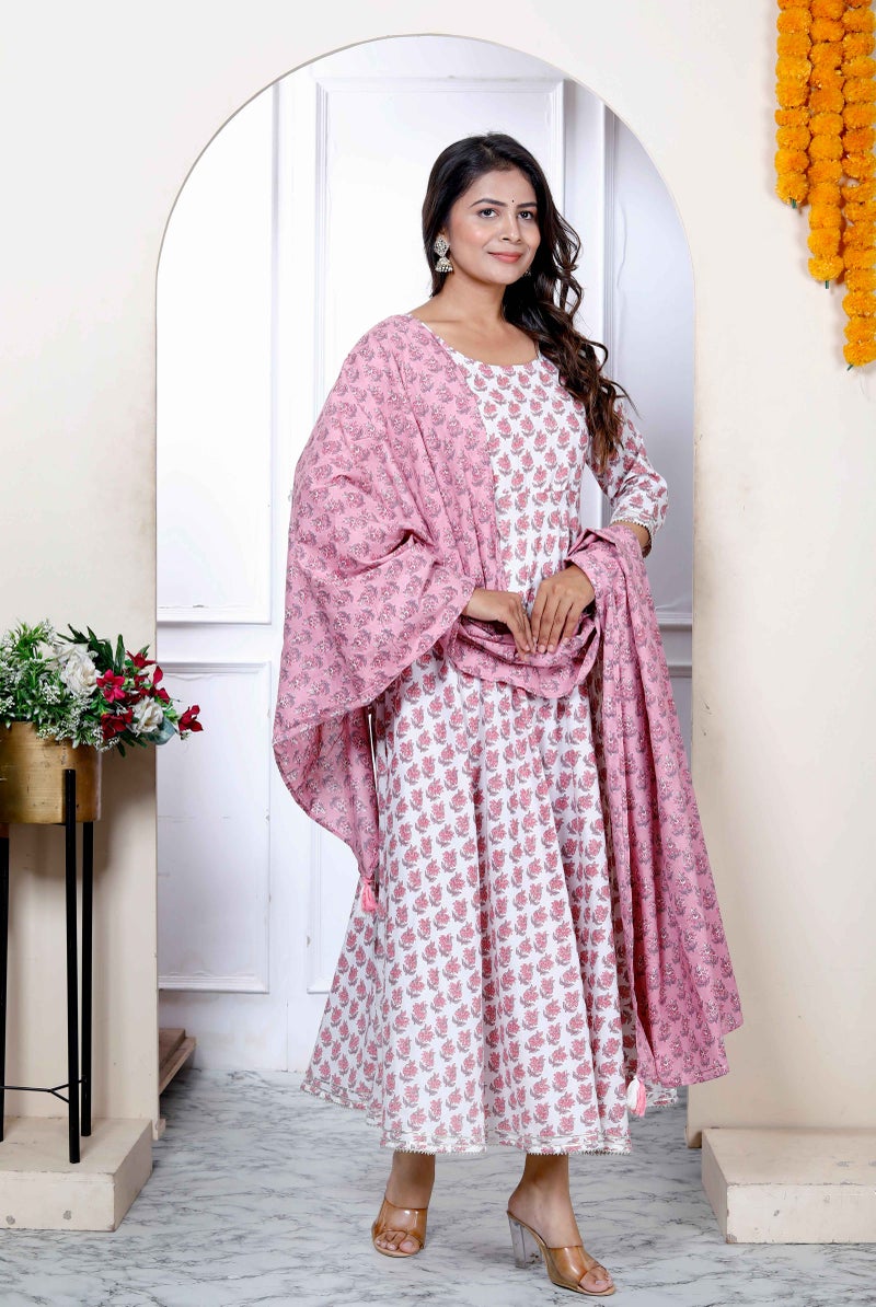 Miravan Womens Pure Cotton Floral Printed Pink Anarkali with Dupatta - Image 3